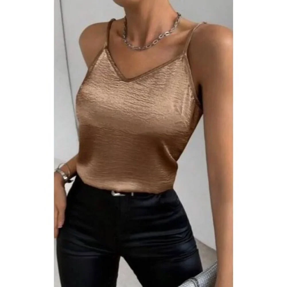 Chic Coffee Brown Solid Color Glossy Camisole Top - Picture 3 of 7